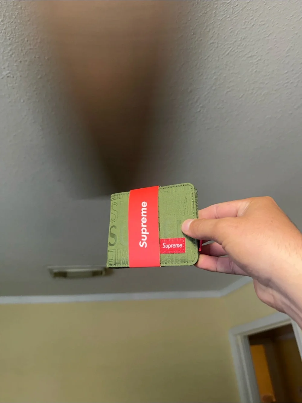 Supreme Olive Green Card Wallet with Red Logo Band